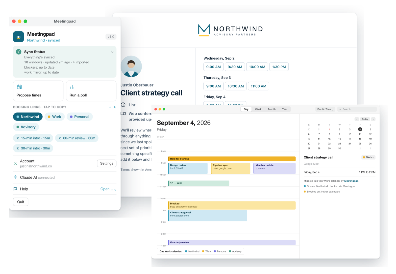 Meetingpad's menubar panel, a branded booking page, and the combined Work calendar in macOS Calendar showing events from four accounts